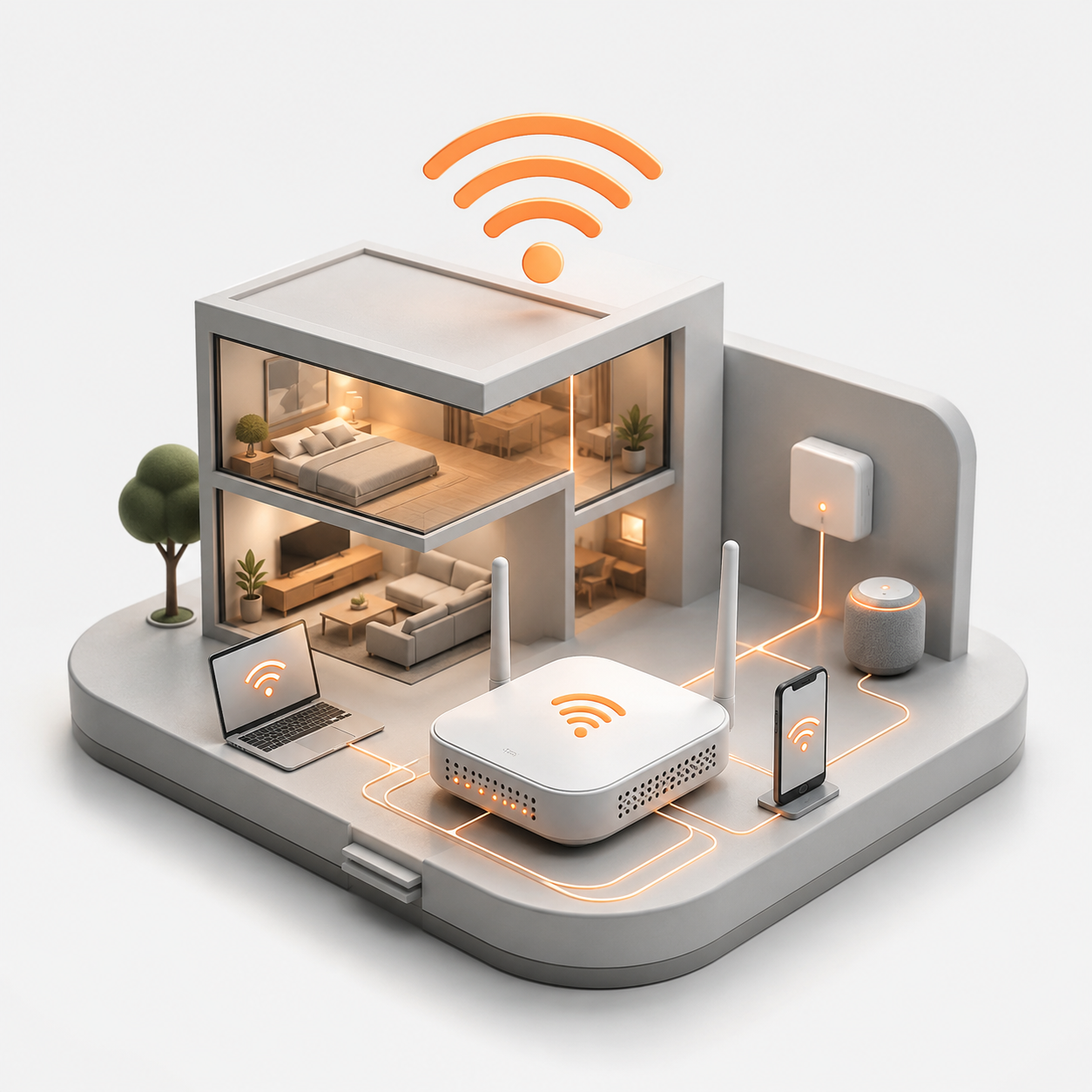A stylized 3D render of a home networking setup on a light gray background. The scene shows a small house model with glowing interior lights, a white wireless router with antennas, a laptop, a smartphone, a smart speaker, a wall switch, and orange Wi-Fi signal icons above and around the setup.