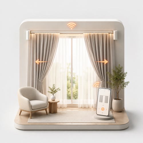 A smart home control device displaying a window curtain control interface, shown with a smartphone controller and wireless signal indicators on a minimalist beige interior scene backdrop.