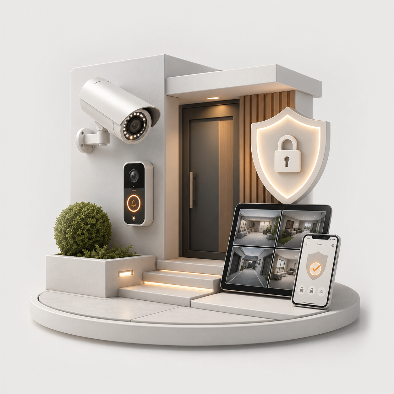 A modern smart home security setup displayed on a white pedestal, featuring a white security camera, a biometric doorbell, a digital lock, a tablet showing live feeds, a smartphone app, a shield icon with a lock, and a small potted plant against a light gray background.