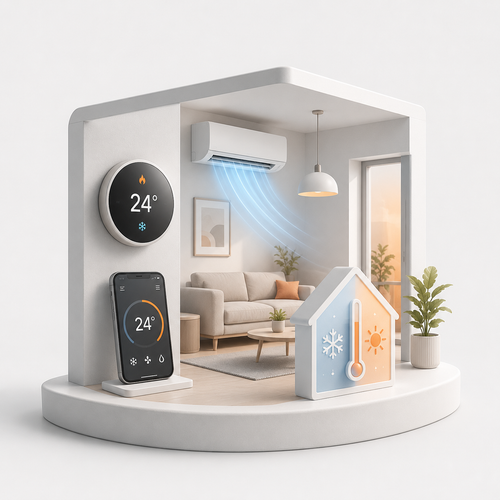 A white architectural display model showing smart climate control devices inside a stylized living room. The display includes a round wall thermostat, a smartphone control screen, a house icon with temperature symbols, and a small air conditioner unit with blue airflow lines.