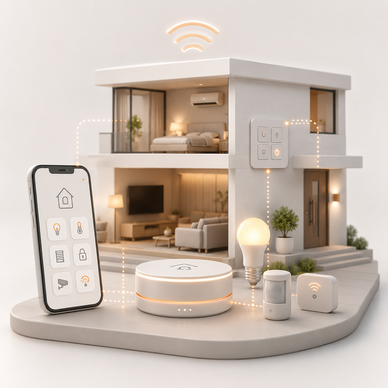 A smart home control setup displayed on a miniature house model, including a smartphone app interface, a round smart hub, a light bulb, a motion sensor, and a small switch, all connected by dotted lines with a wireless signal icon above the house.