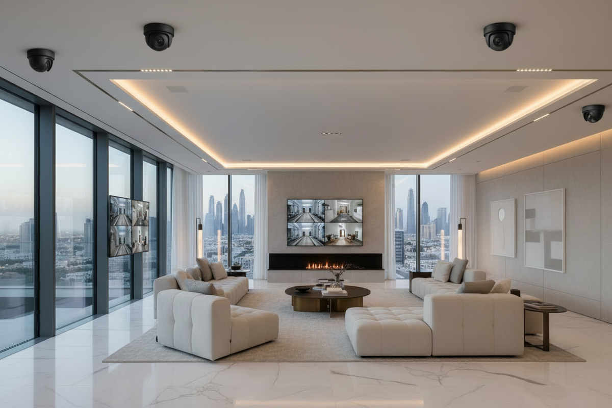 A modern, luxury living room with a minimalist design, featuring a light beige sectional sofa, a matching ottoman, a round dark wood coffee table, and a built-in fireplace. The room has large floor-to-ceiling windows with a city skyline view, recessed LED lighting, and multiple security cameras mounted on the ceiling.